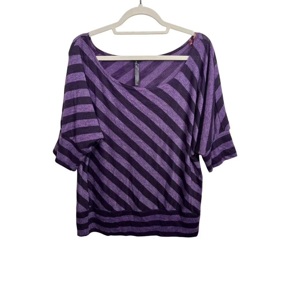 Andrea Purple Striped Top Womens Knit Shirt Dolman Short Sleeve Plus Size 3X - Picture 2 of 16